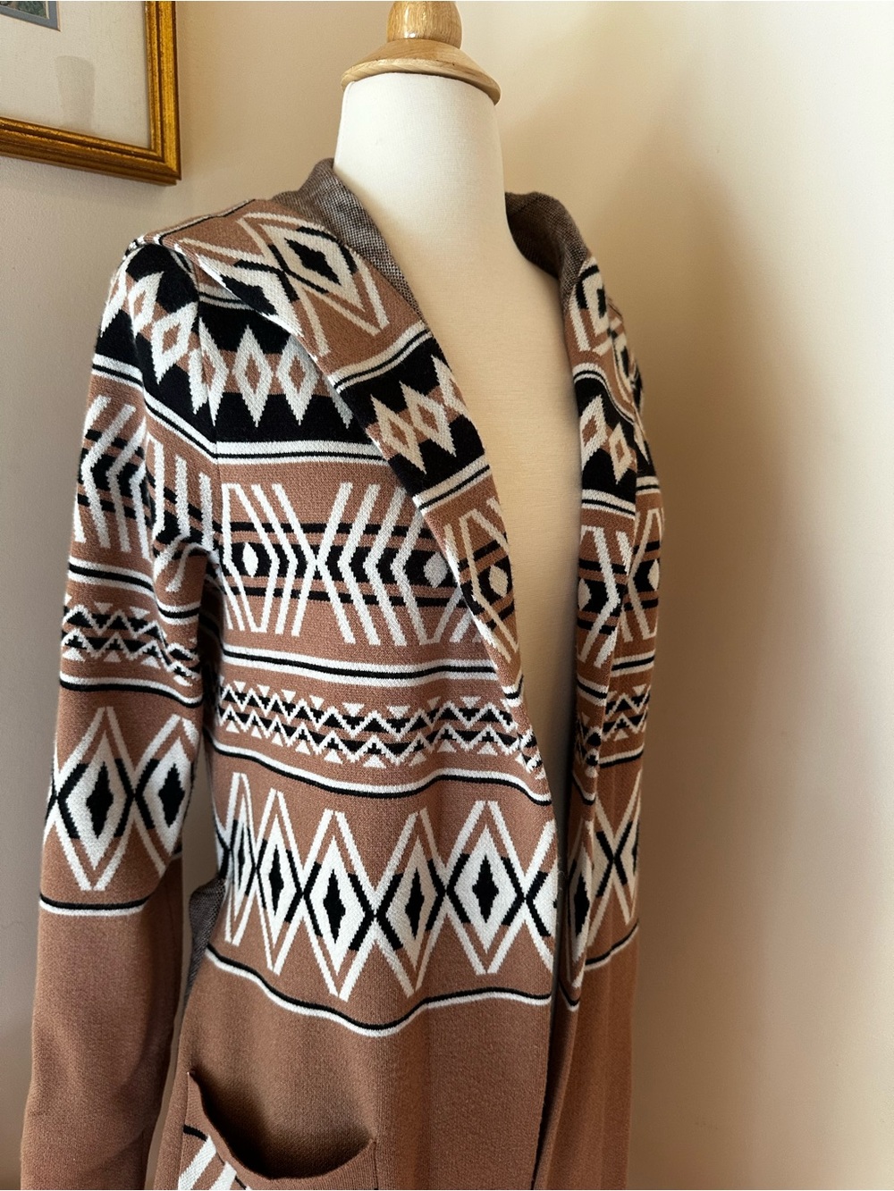 Rachel Zoe Geometric Shawl-Collar Cardigan in Camel, Black & White